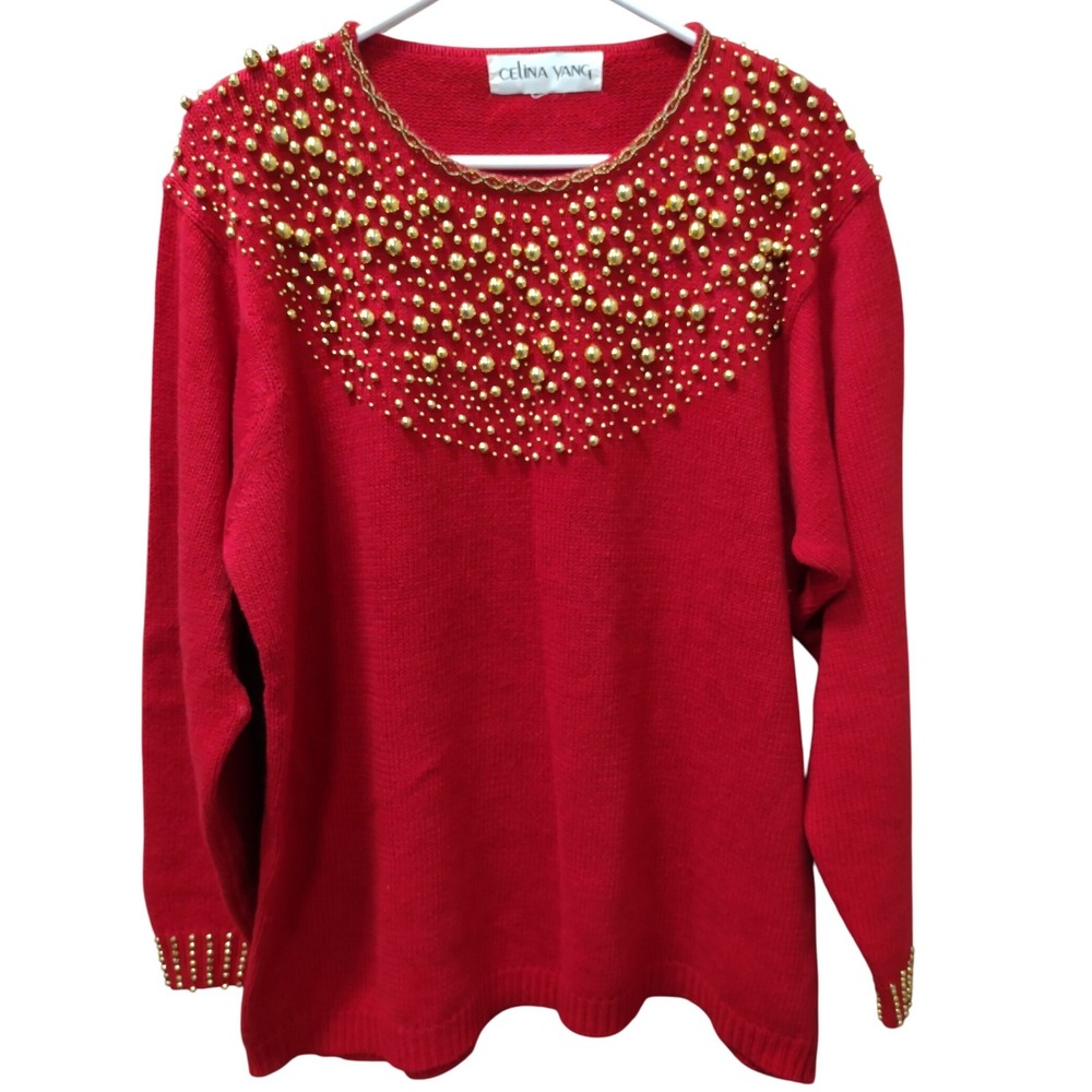 Celina Yang Red Beaded Sweater Womens‎ XL Long Sleeve Knit